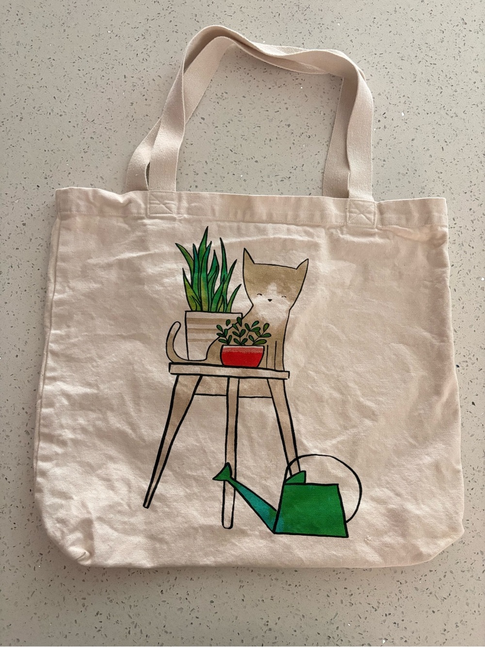 Canvas Tote Bag with Cat & Plant Illustration